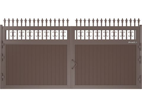 Щит с пиками и вензелями с вертикальным расположением сэндвич-панелей Уличные распашные ворота с пиками и вензелями с вертикальным расположением сэндвич-панелей