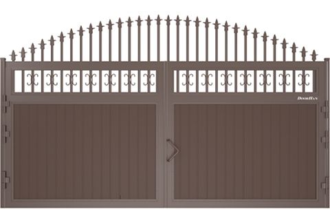 Щит с пиками и вензелями с вертикальным расположением сэндвич-панелей Уличные распашные ворота с пиками и вензелями с вертикальным расположением сэндвич-панелей